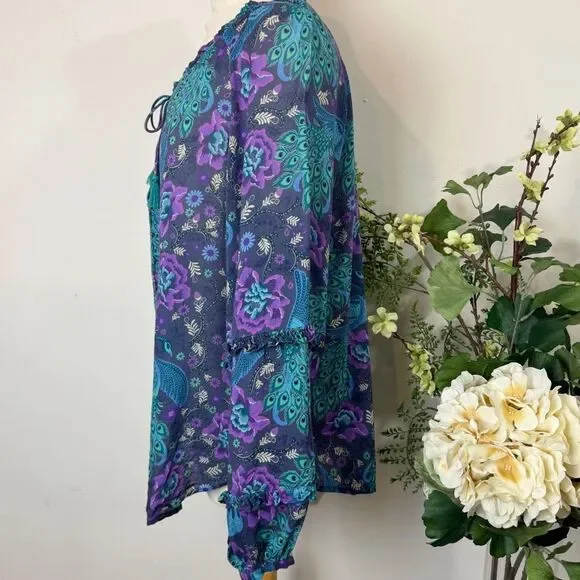 Spell & The Gypsy Boheme Ruffle Blouse | Peacock Floral Print | Medium - Picture 7 of 13